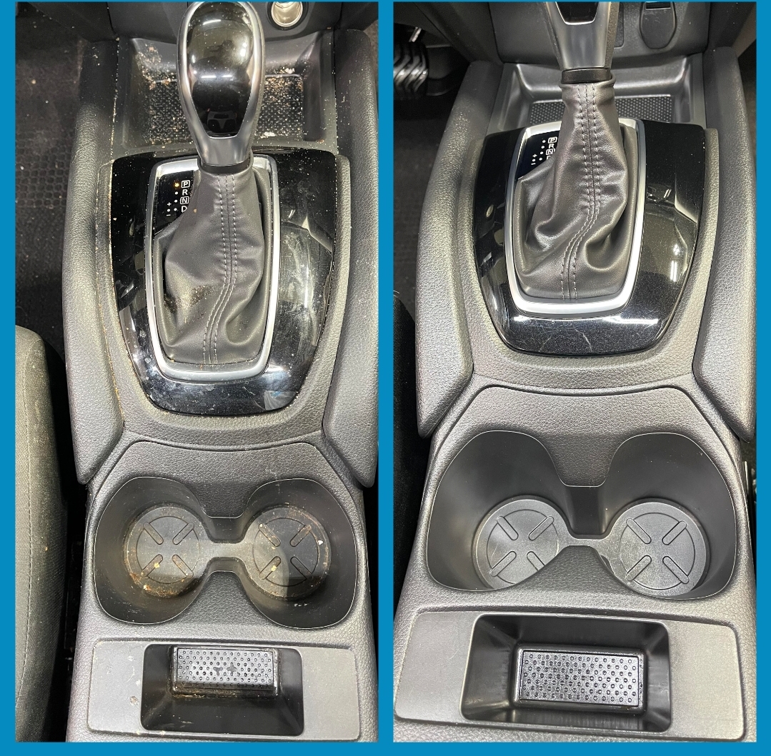 Console of a car with focus on cup holders, before and after a detailing by Nebraska Auto Detail.